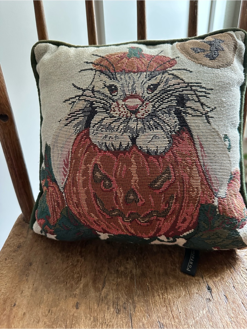 Halloween Cat & Pumpkin Tapestry Accent Pillow - Cream, Orange, Green